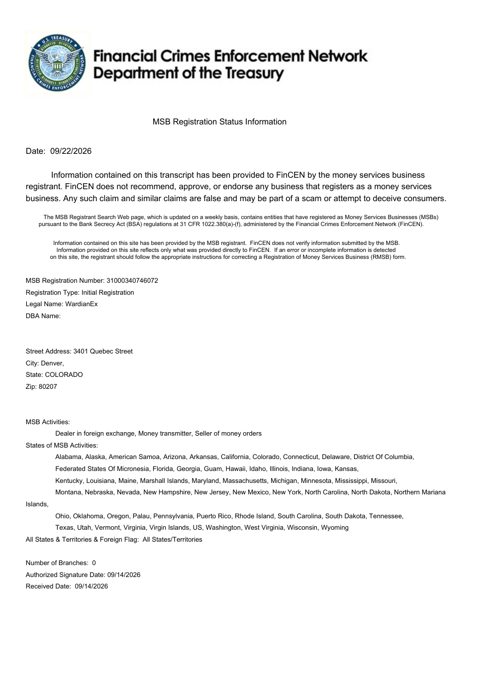Preview of FinCEN MSB registration status information for WardianEx